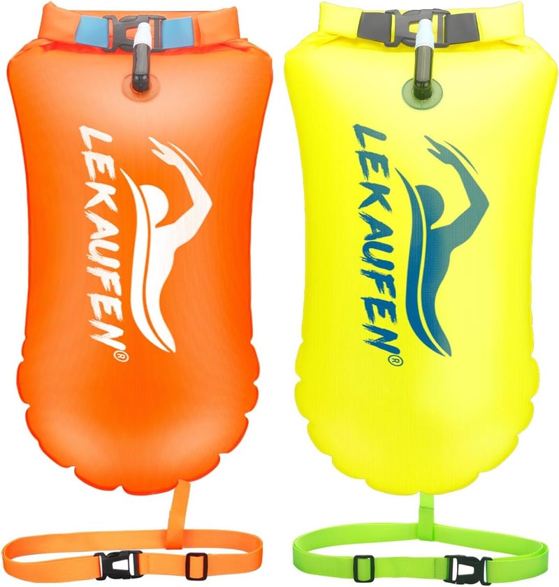 LeKaufen Swim Buoy for Open Water 2 Pack, 20L Swim Safety Float Waterproof Dry Bag for Swimmers Triathletes Kayakers Snorkelers, Swimming Pull Buoy for Safer Swim Training (Yellow & Orange) - Image 1
